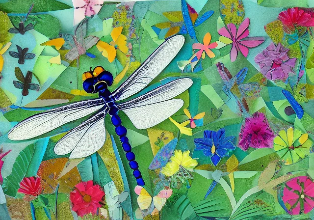 Paper-collage dragonfly and flowers