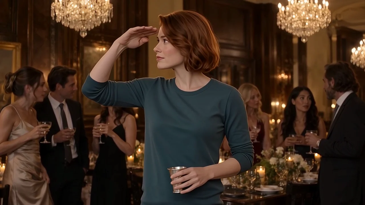 Frame from our recorded result: the lead shades her eyes and searches the room