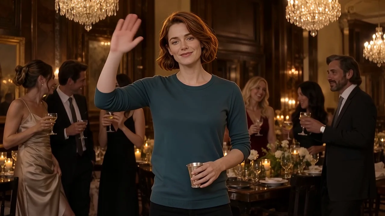 Frame from our recorded result: the fictional adult waves to the camera