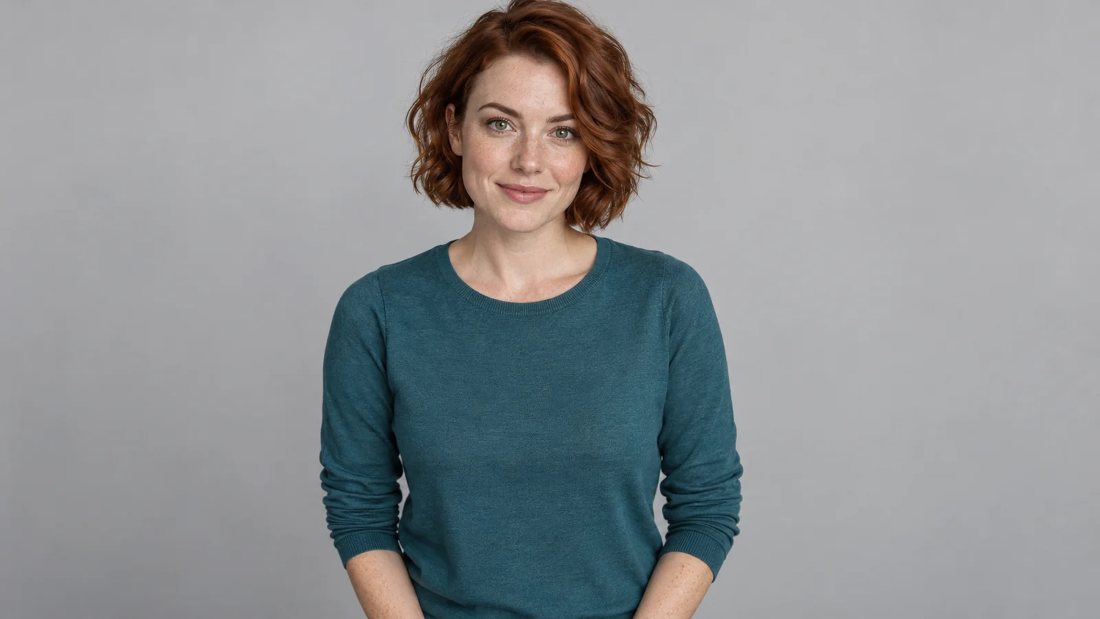 Fictional adult woman with auburn hair and a teal top, used as the lead reference