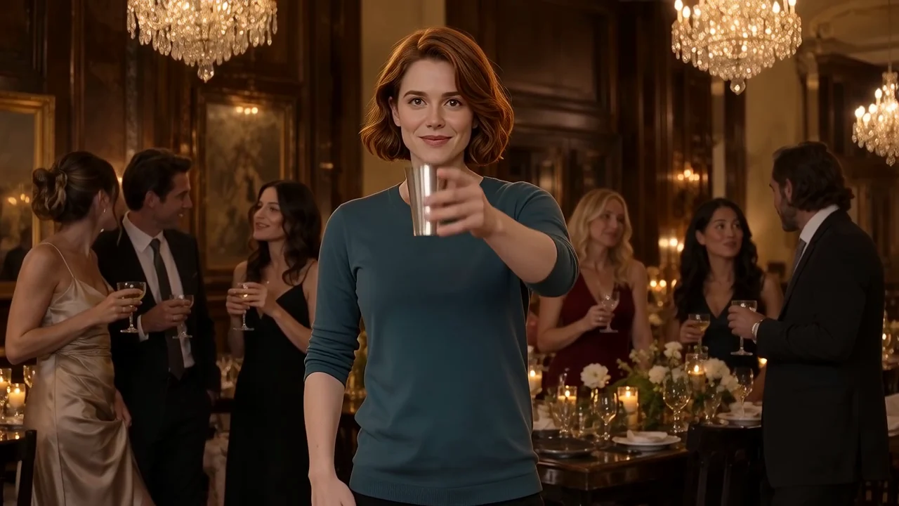 A frame from our recorded Wan landscape result: the fictional lead holds a silver cup in the chandelier banquet