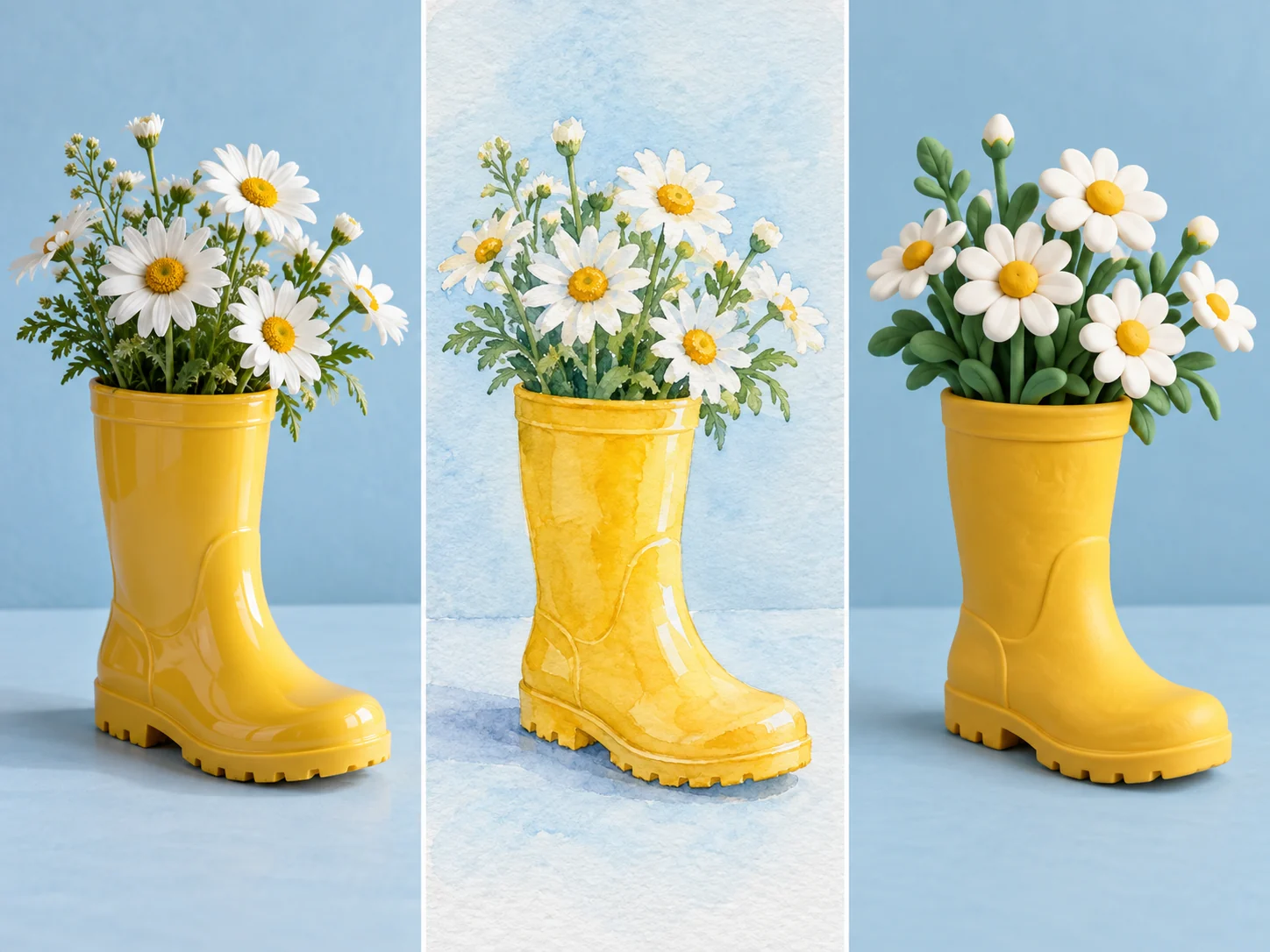创作方向示例:同一只黄色雨靴和雏菊分别呈现为照片、水彩画和 3D 渲染