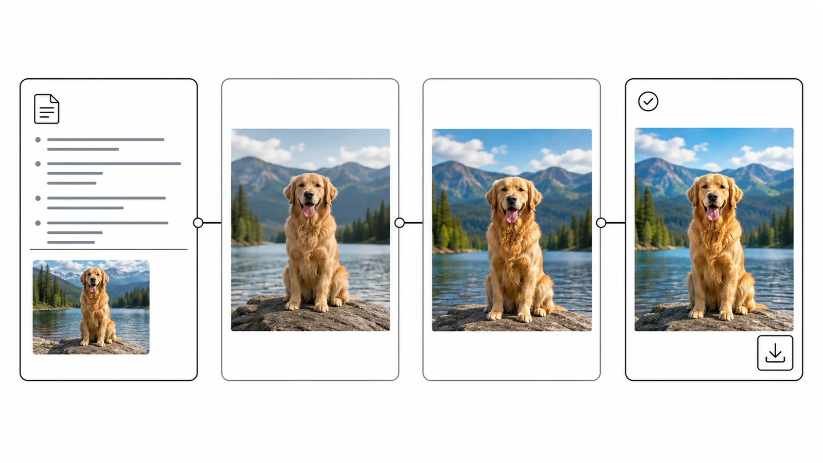 Four-stage workflow from brief and reference image to generated result, refined version, and final download