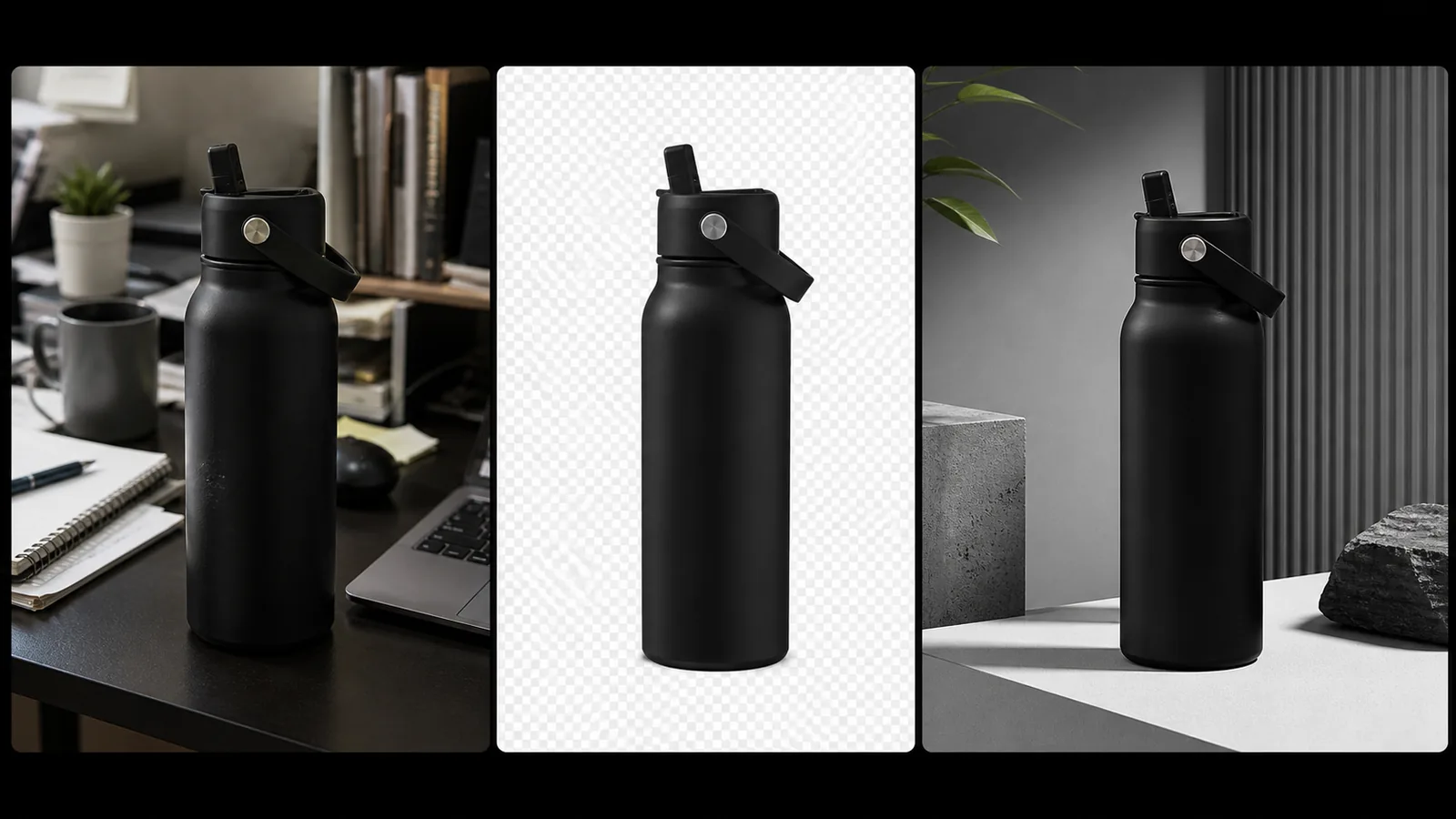 The same black water bottle moving from a source photo to a background-free cutout and a polished wide campaign image