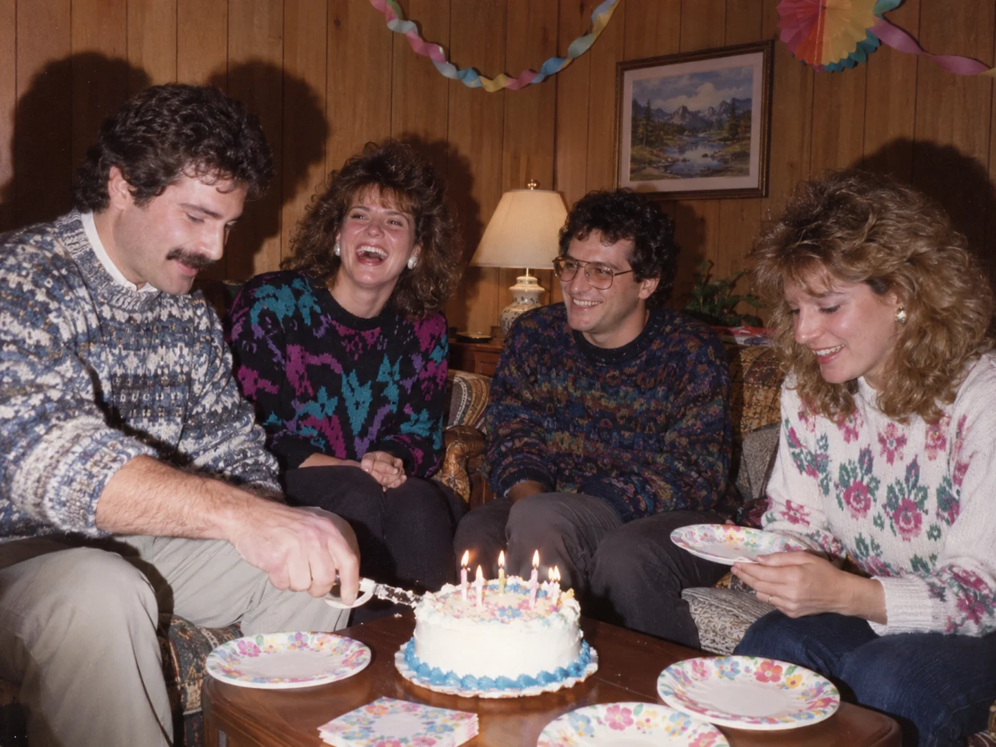 Original AI-generated example of four fictional adult friends at a 1988 living-room birthday party.
