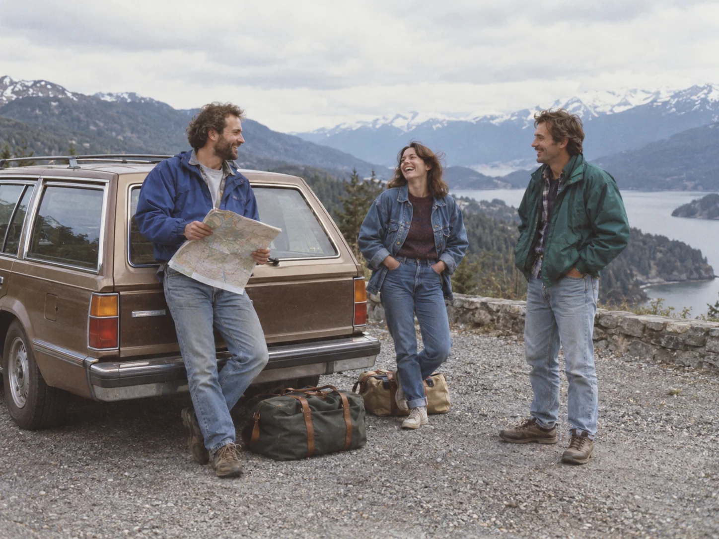 Original AI-generated example of three fictional adult friends on a 1986 mountain road trip.
