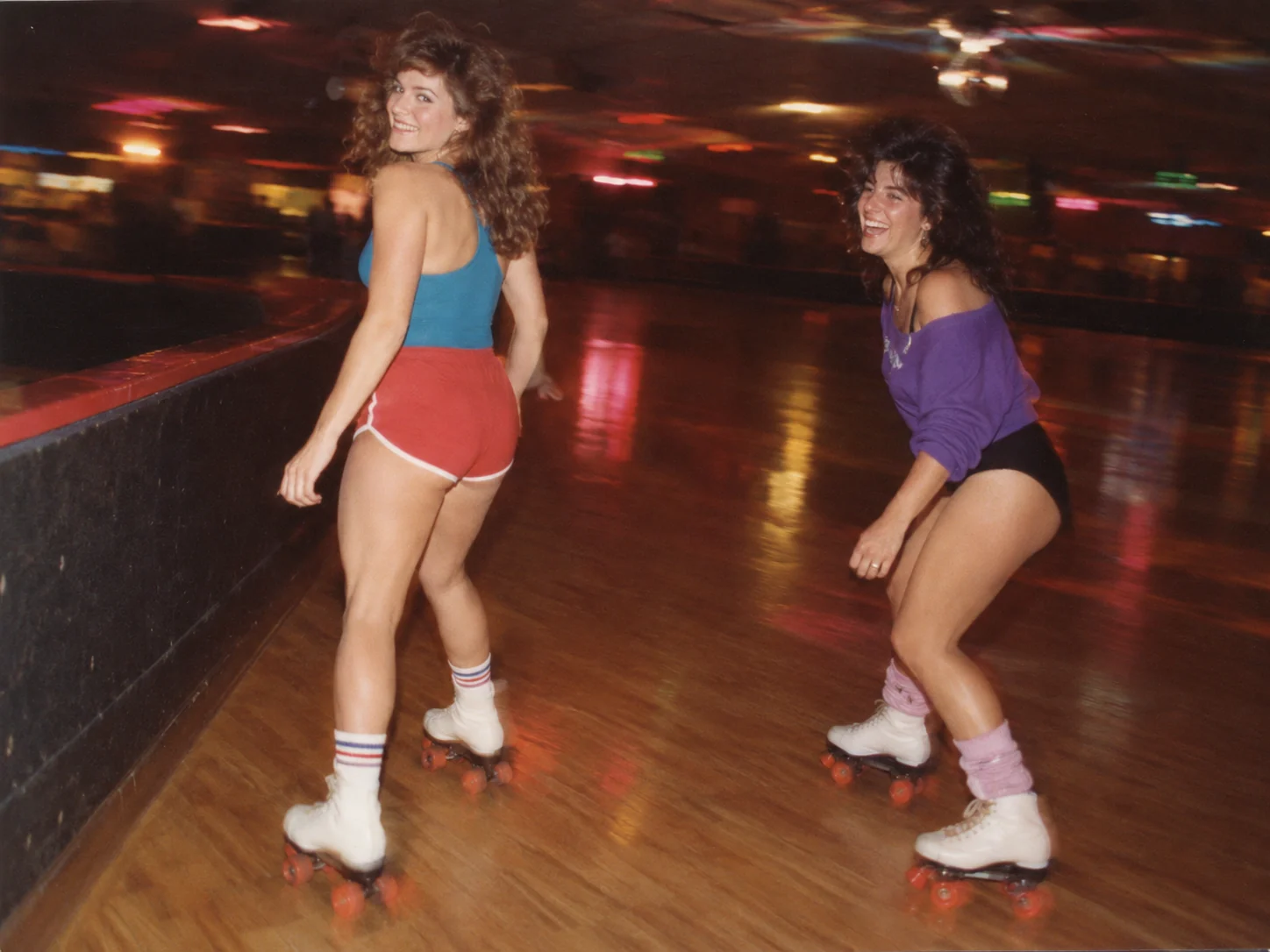 Original AI-generated example of two fictional adult friends roller-skating at a 1987 rink.