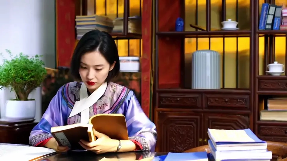 A portrait and outfit in a reading scene