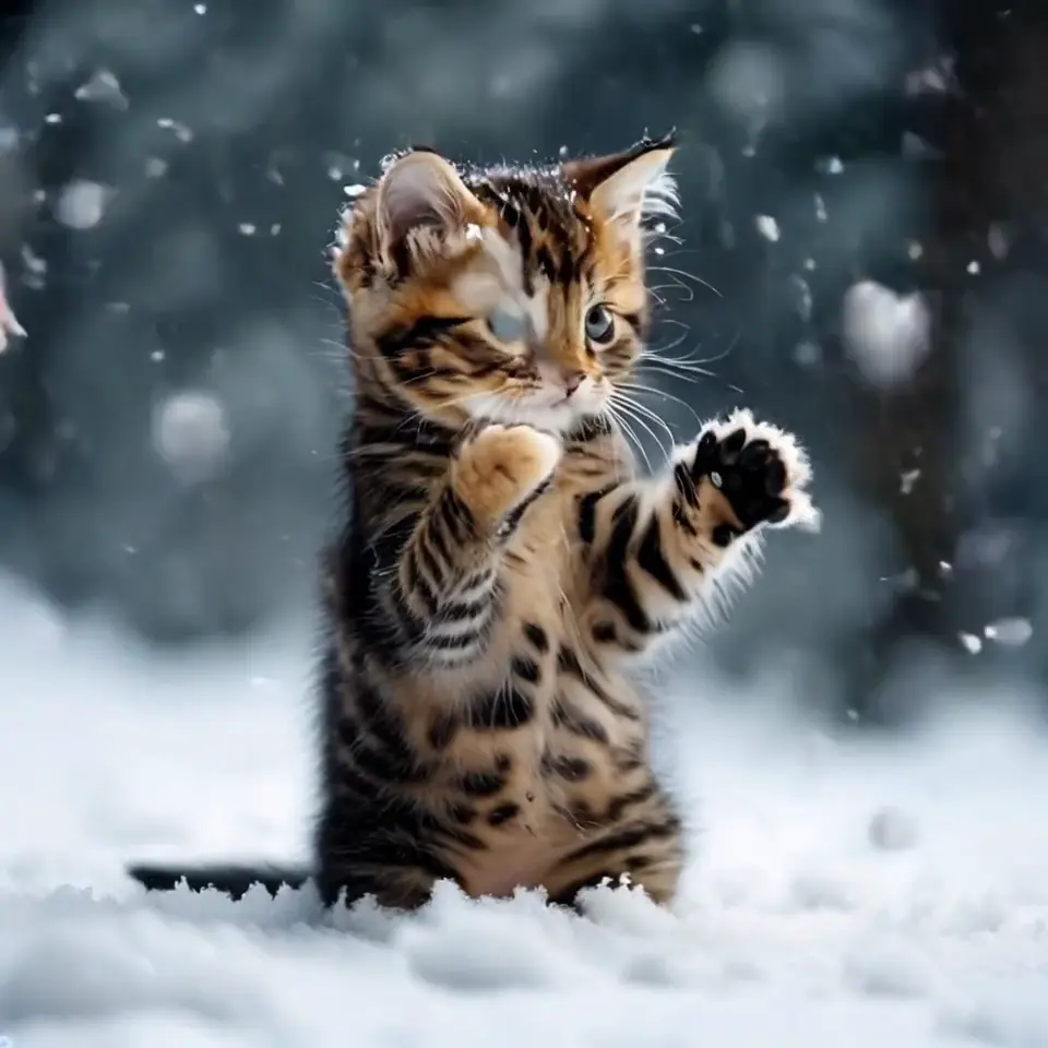 A kitten reaches for snow