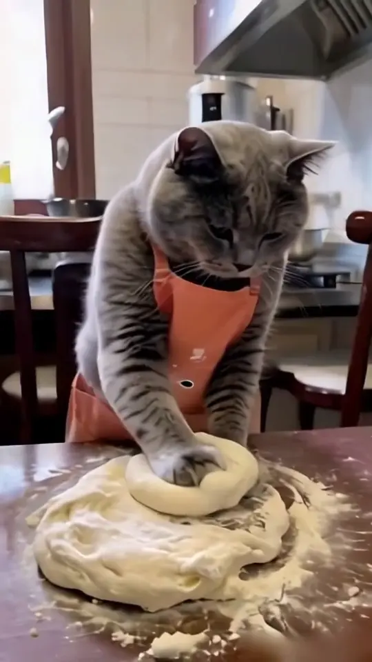 A cat kneads dough