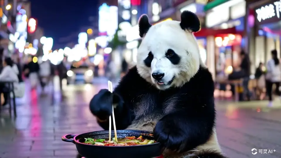 A panda enjoys hot pot
