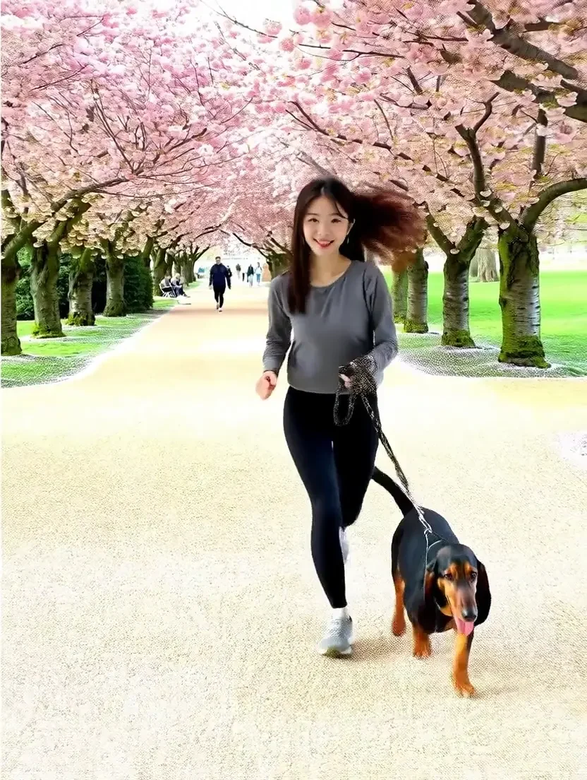 Walking a dog under cherry blossoms