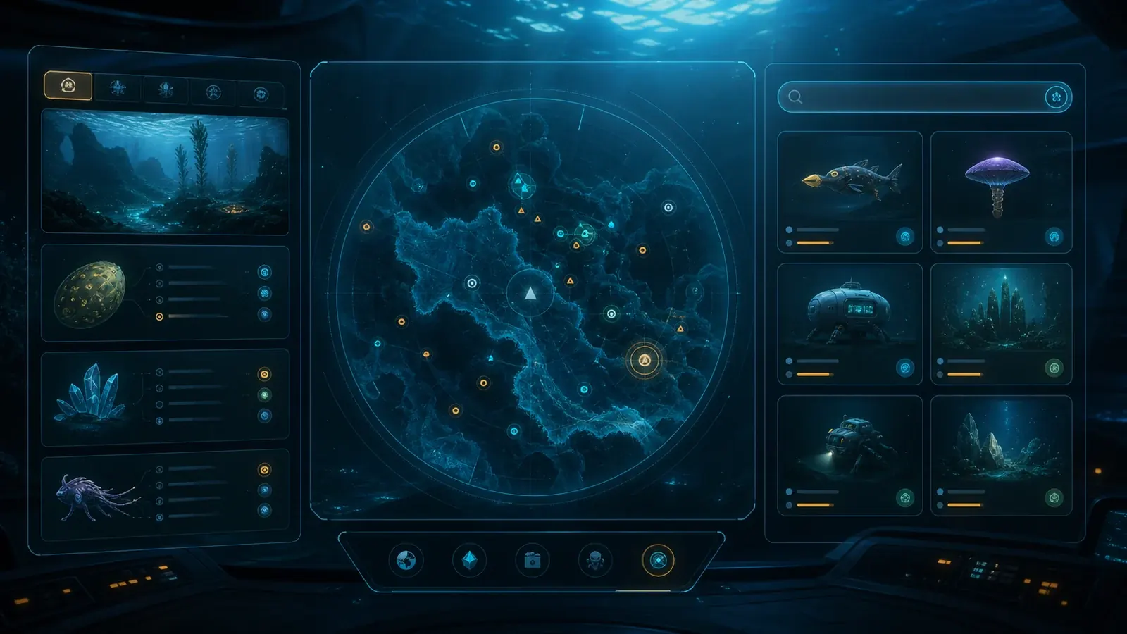 Subnautica 2 Wiki search dashboard with map markers and guide cards