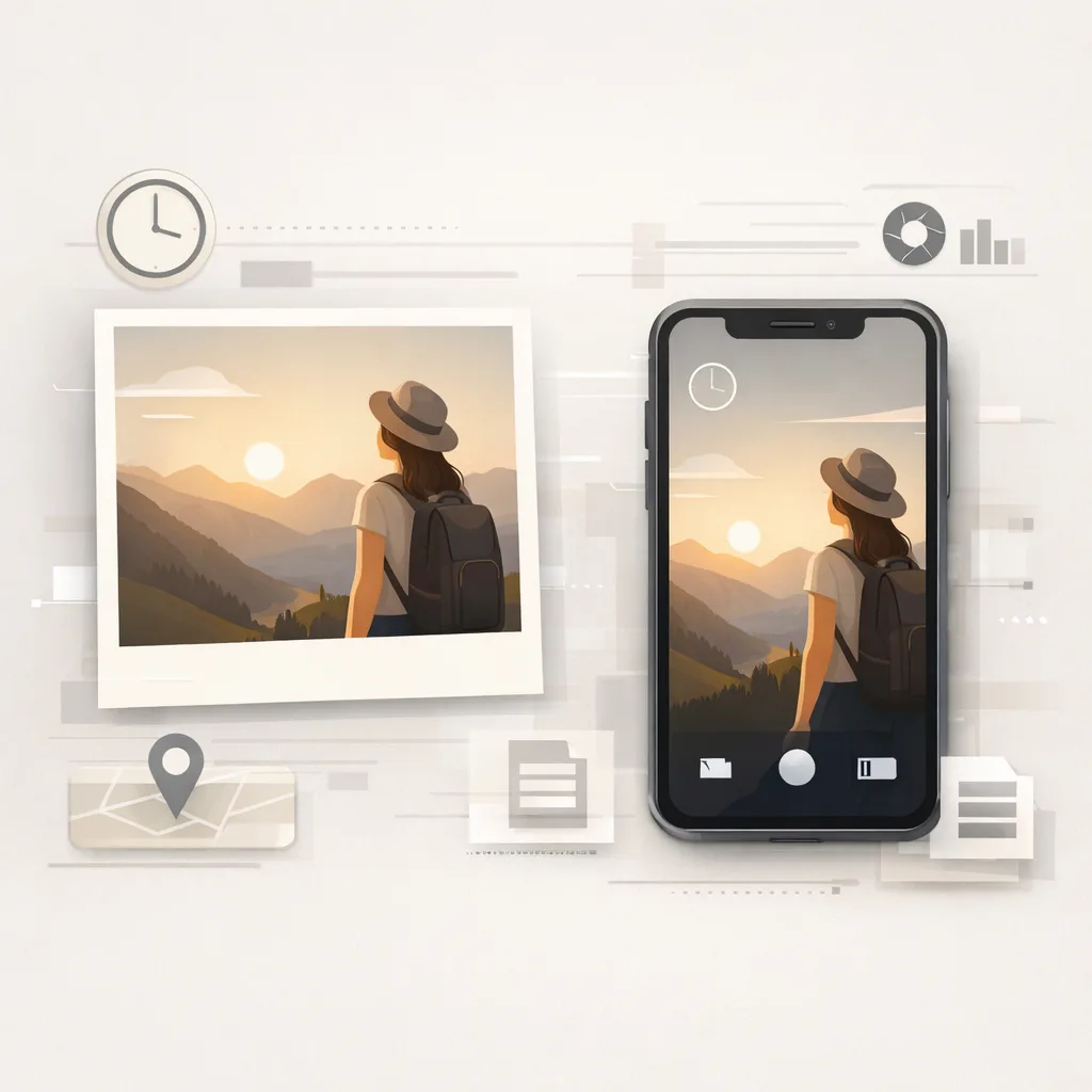 Editorial illustration of a photo and phone image surrounded by hidden metadata cues.