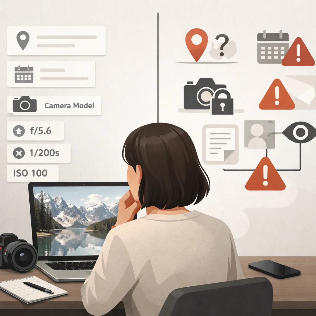 Illustration of an image workflow where photo metadata is reviewed before public sharing.