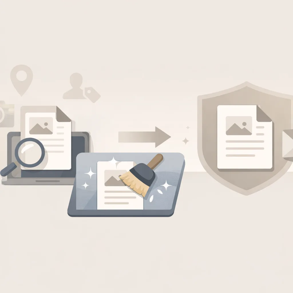 Illustration of a file being cleaned to remove hidden metadata before sharing.