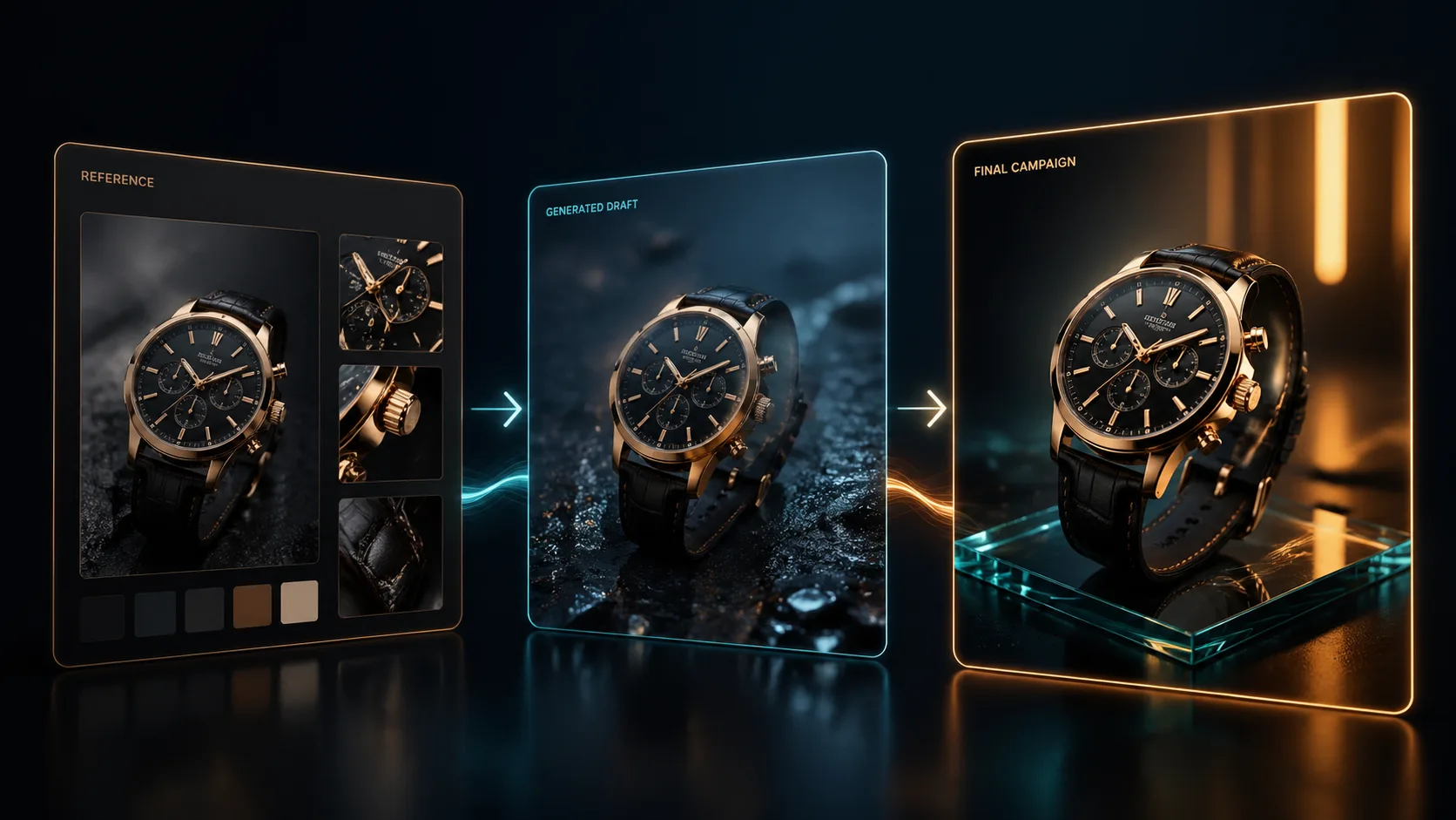 GPT Image 2-Referenzbild-Workflow, der zeigt, wie ein Quellbild zu einem verfeinerten Kampagnenbild wird