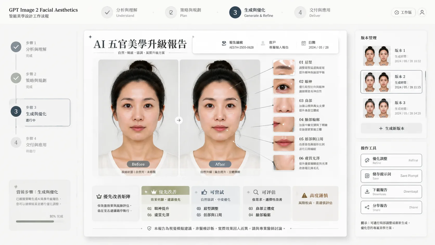 Generating and refining a facial aesthetic report
