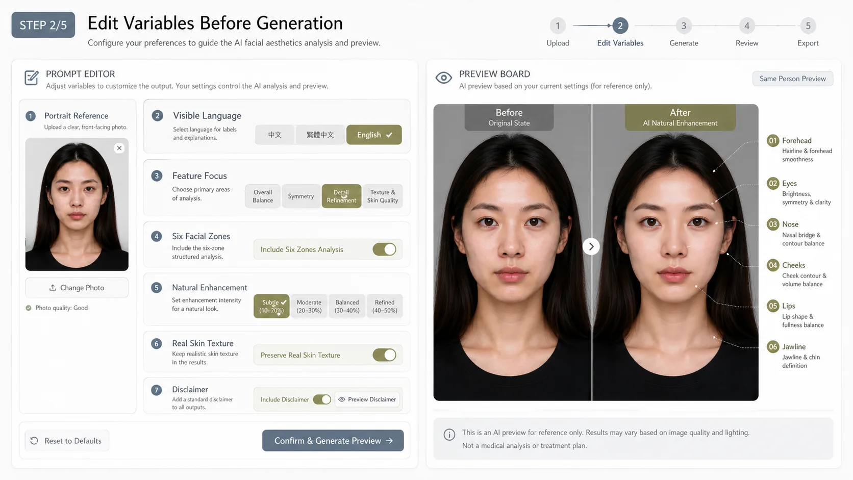 Editing portrait and label variables for a facial report