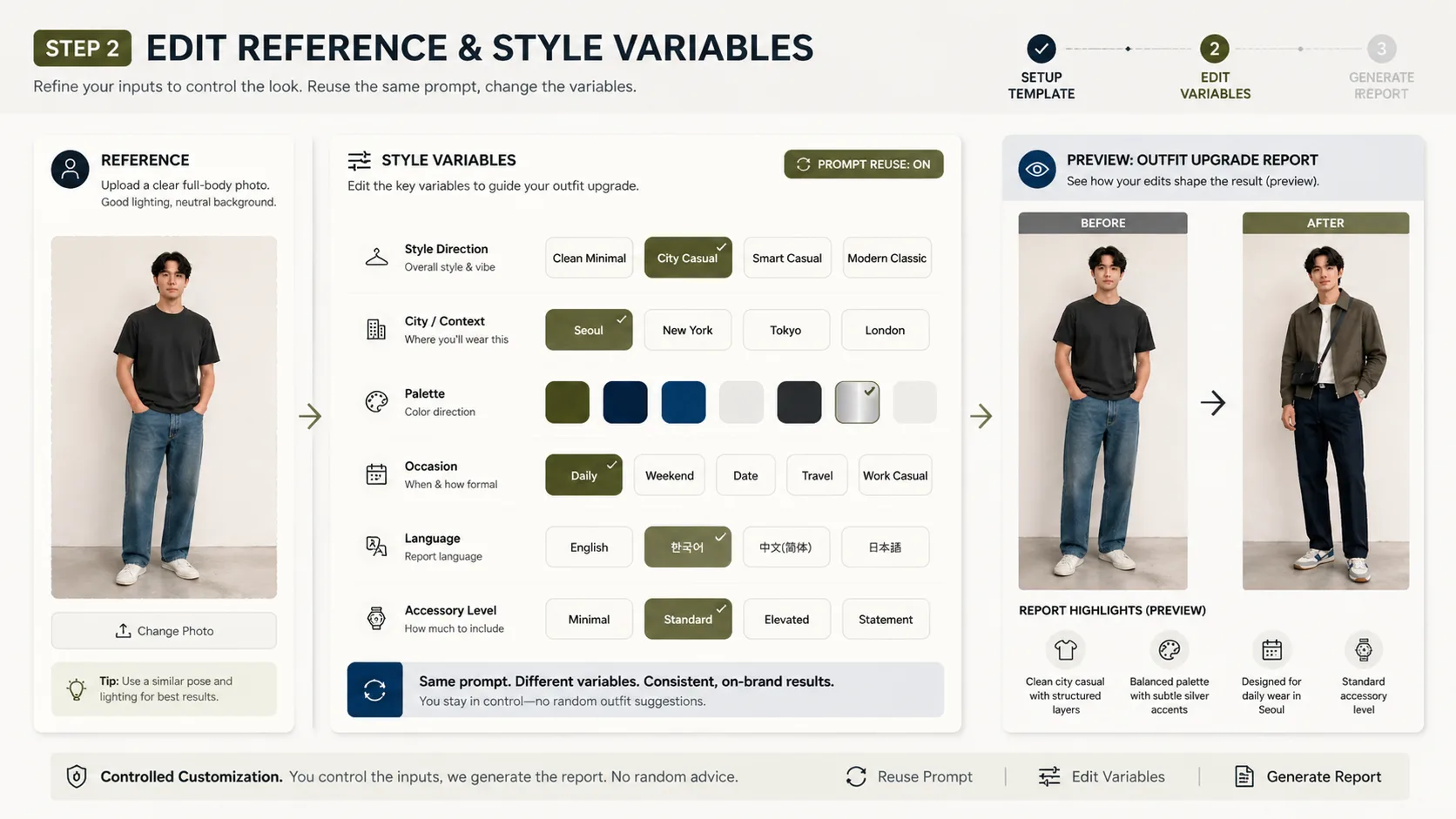 Editing reference image and outfit style variables before generating a GPT Image 2 report