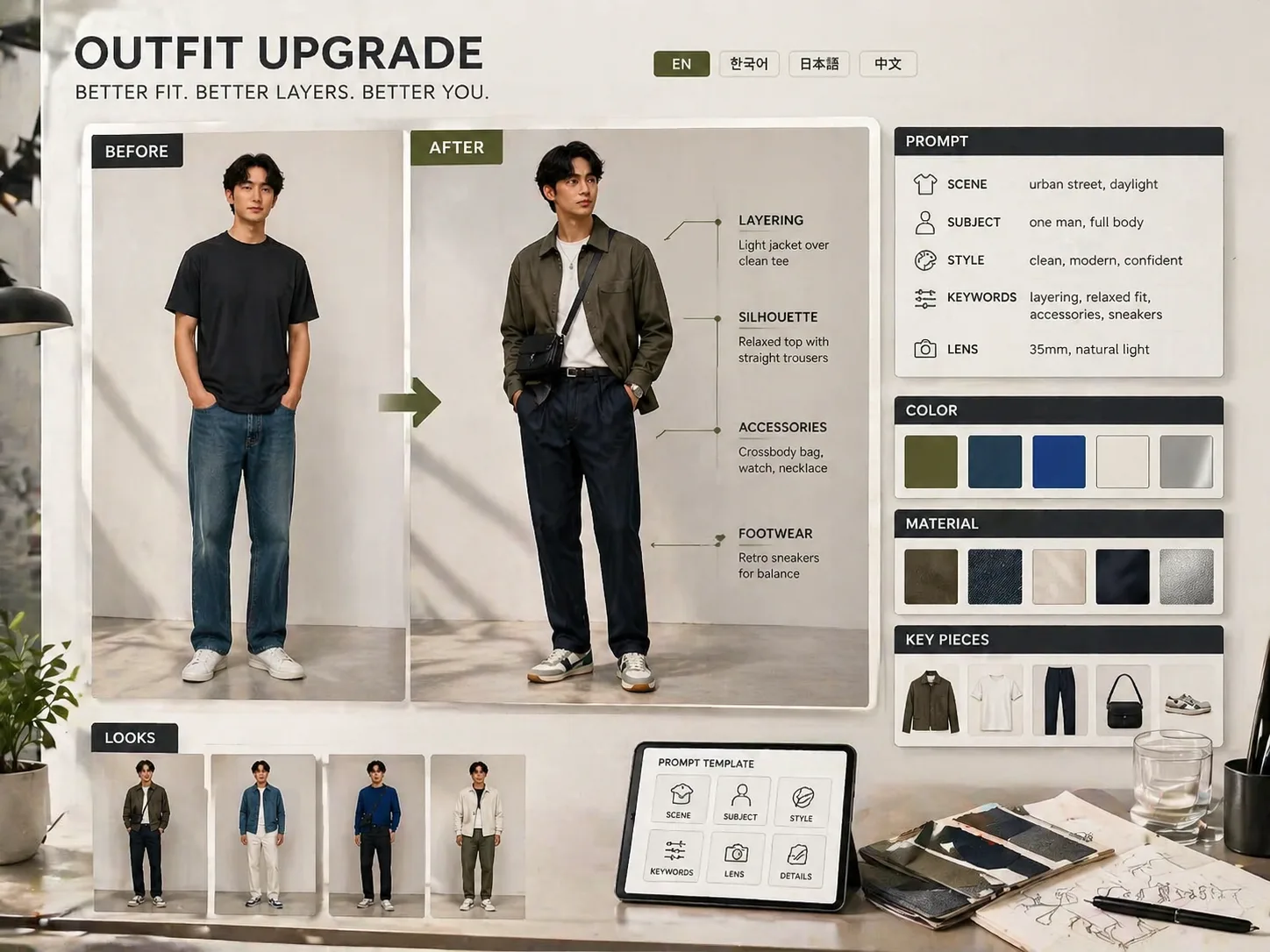 GPT Image 2 outfit upgrade template overview with before and after style report cards