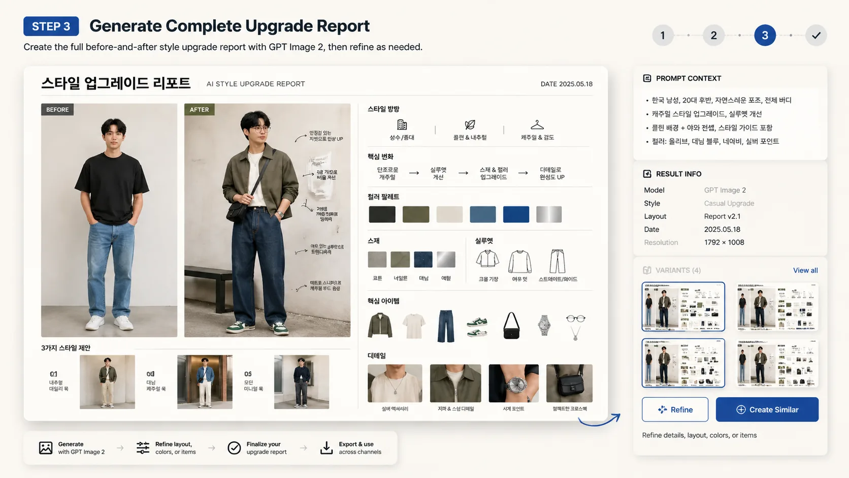 Generated AI outfit upgrade report with prompt context and refinement variants