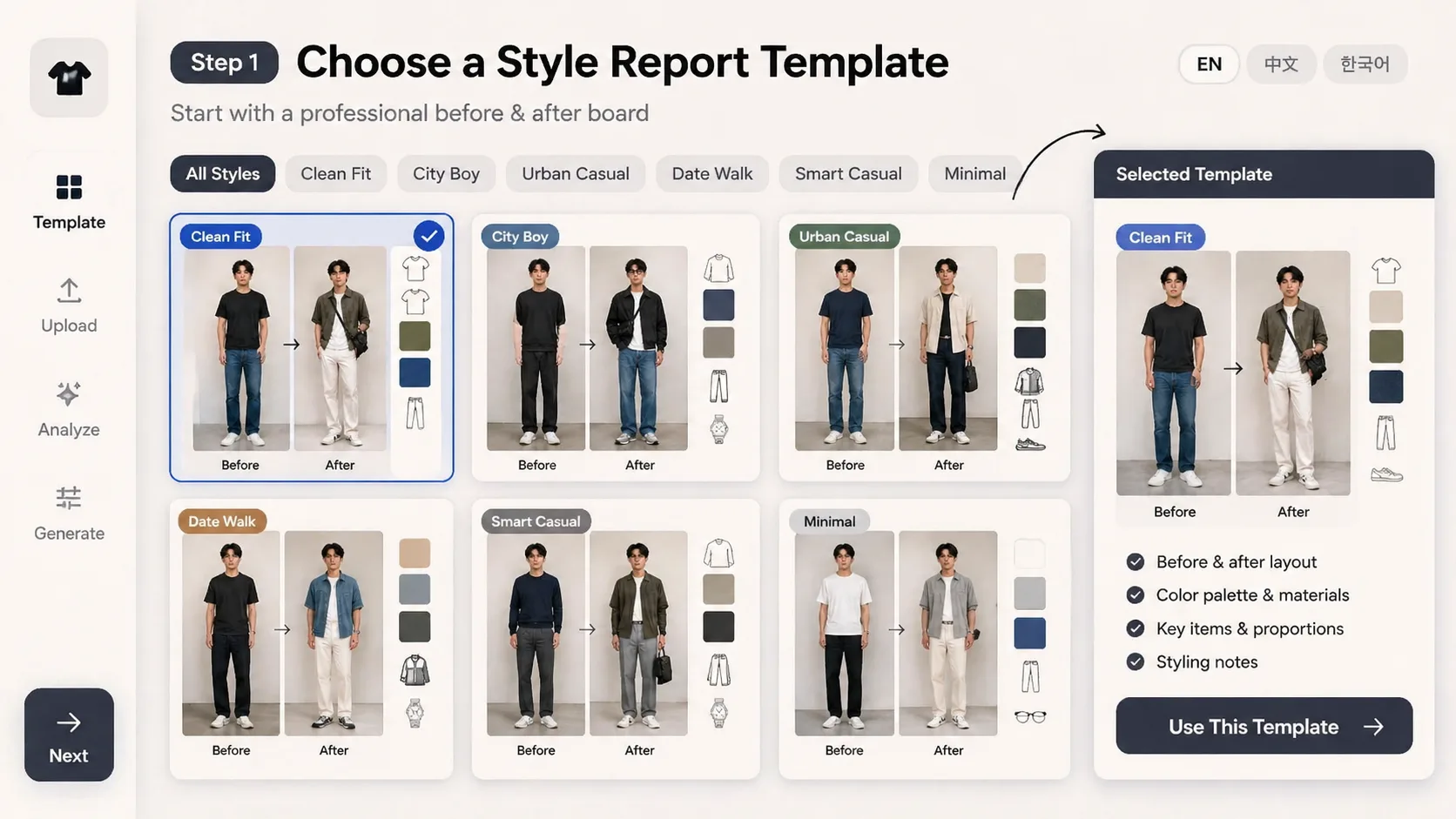 Choosing an AI outfit upgrade prompt template from a visual template grid