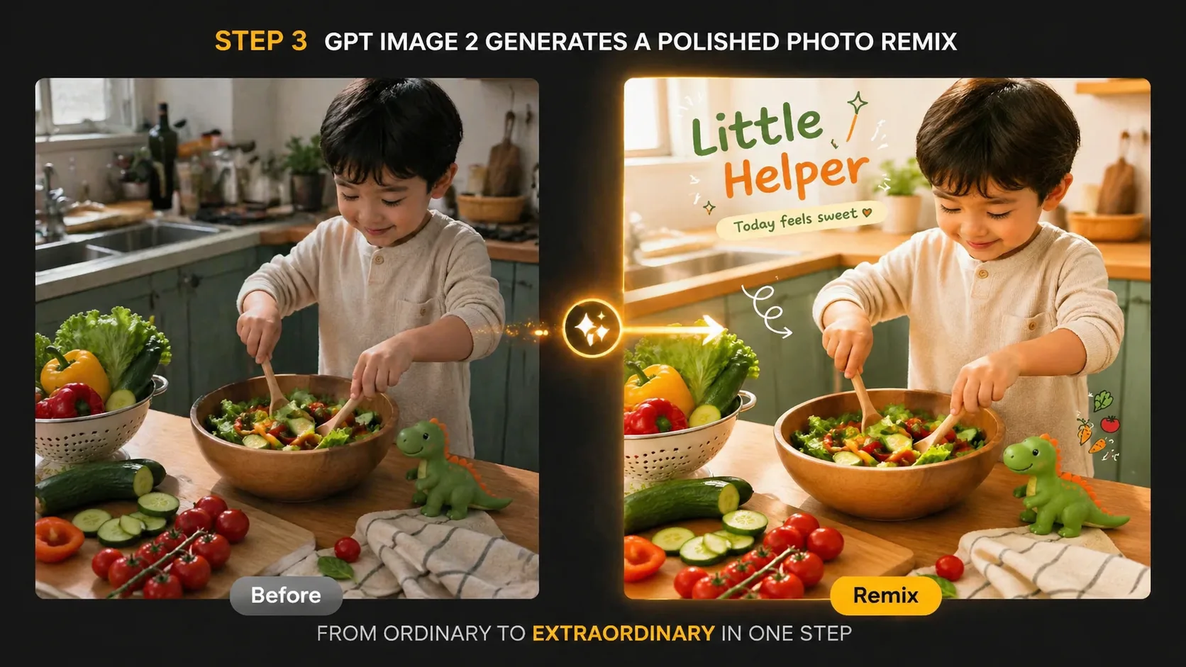 Generated before and after photo remix with cleaned background and playful caption details