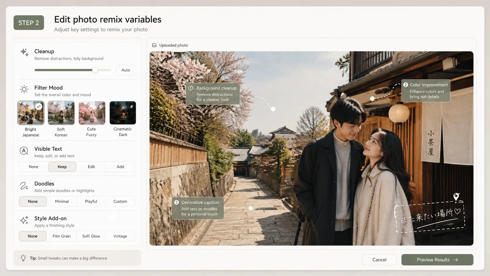 Editing cleanup, filter, text, and doodle variables for a photo remix prompt