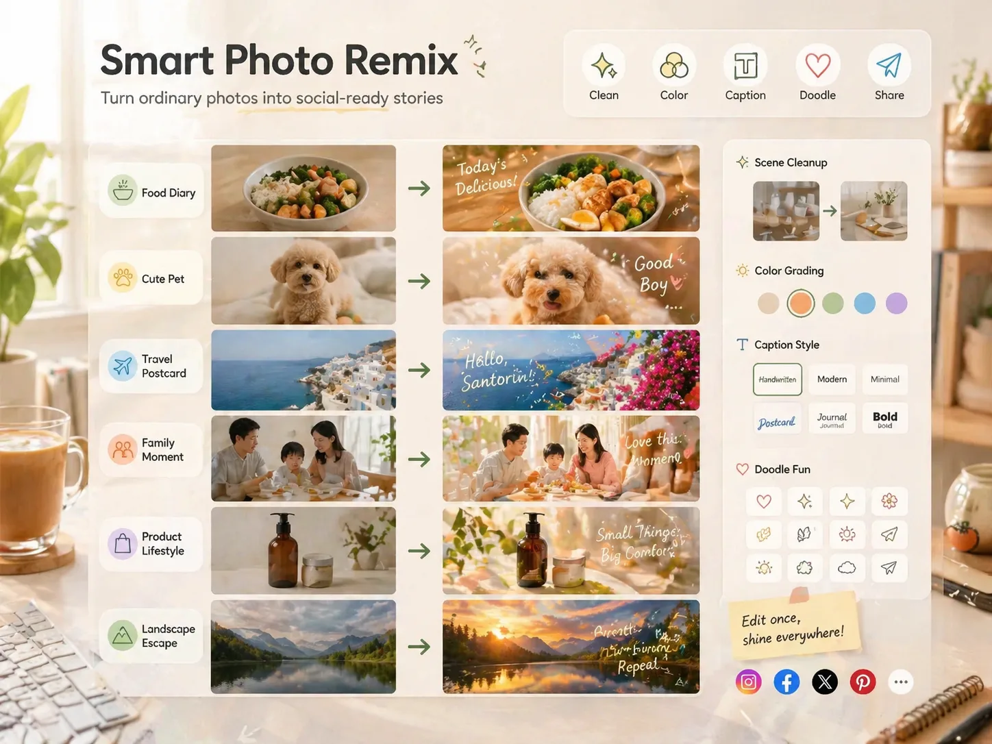 Smart photo remix overview with reference photos becoming polished social-ready edits