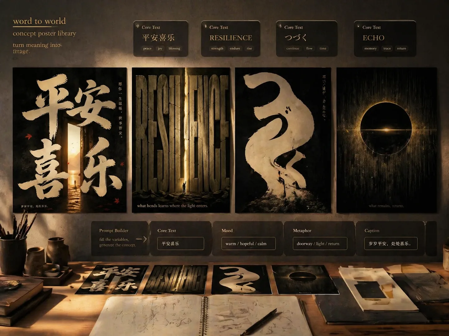 GPT Image 2 concept poster template overview with large-title visual metaphor examples