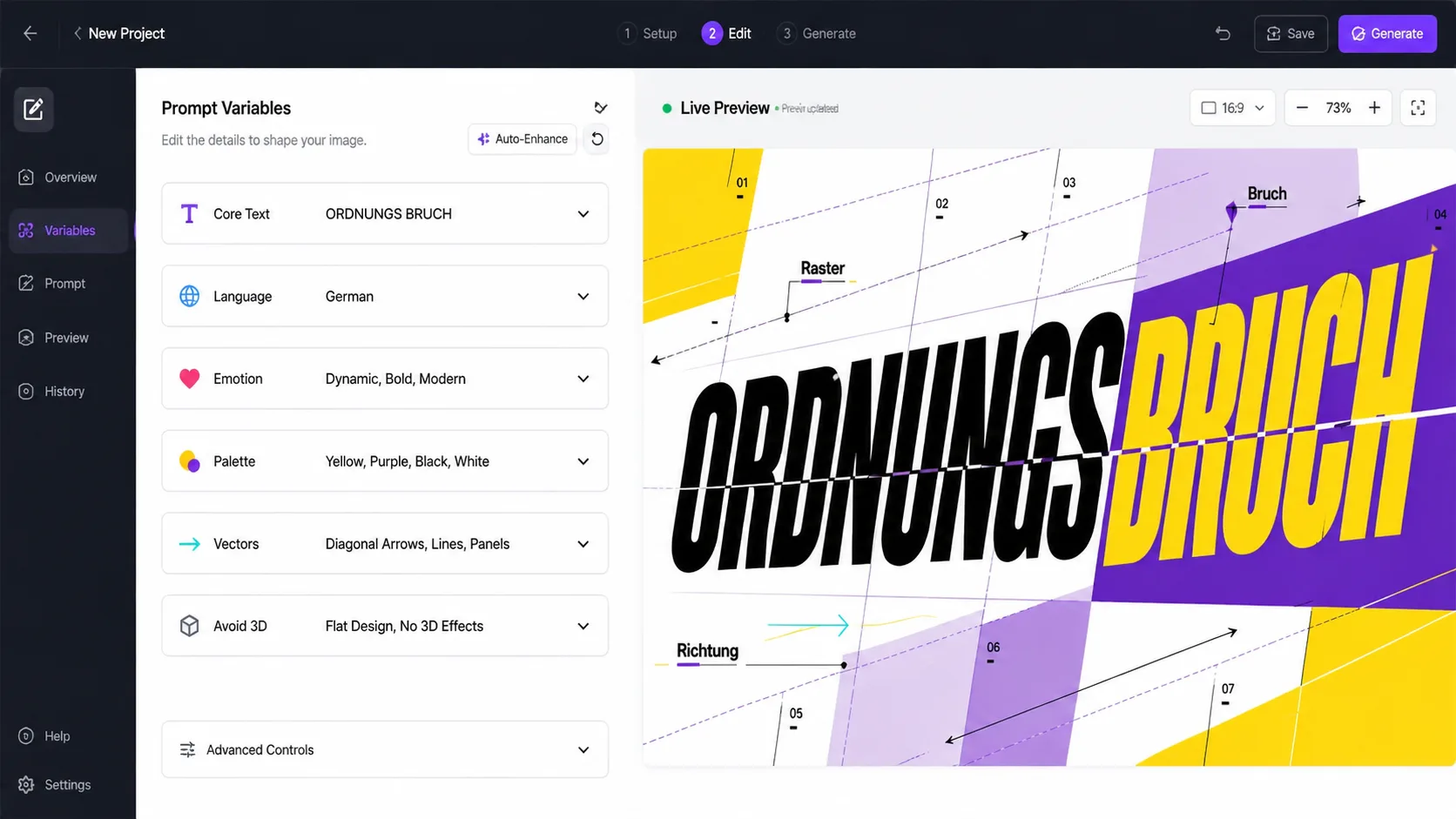 Editing variables for a perspective type poster prompt
