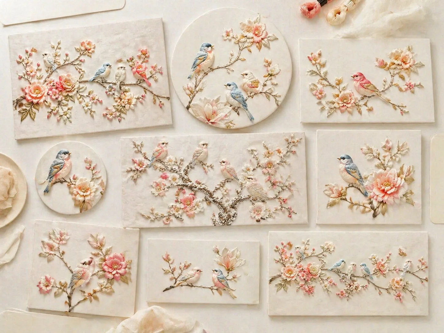 Overview of silk embroidery bird prompt templates