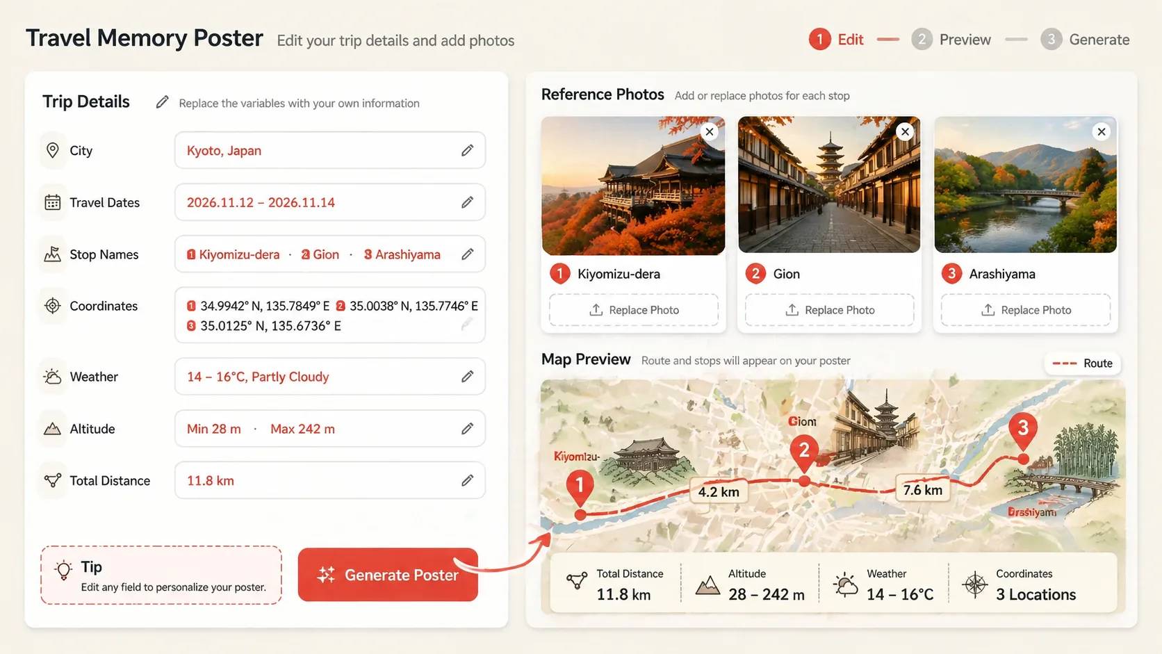 Editing travel poster variables and reference photos before generation
