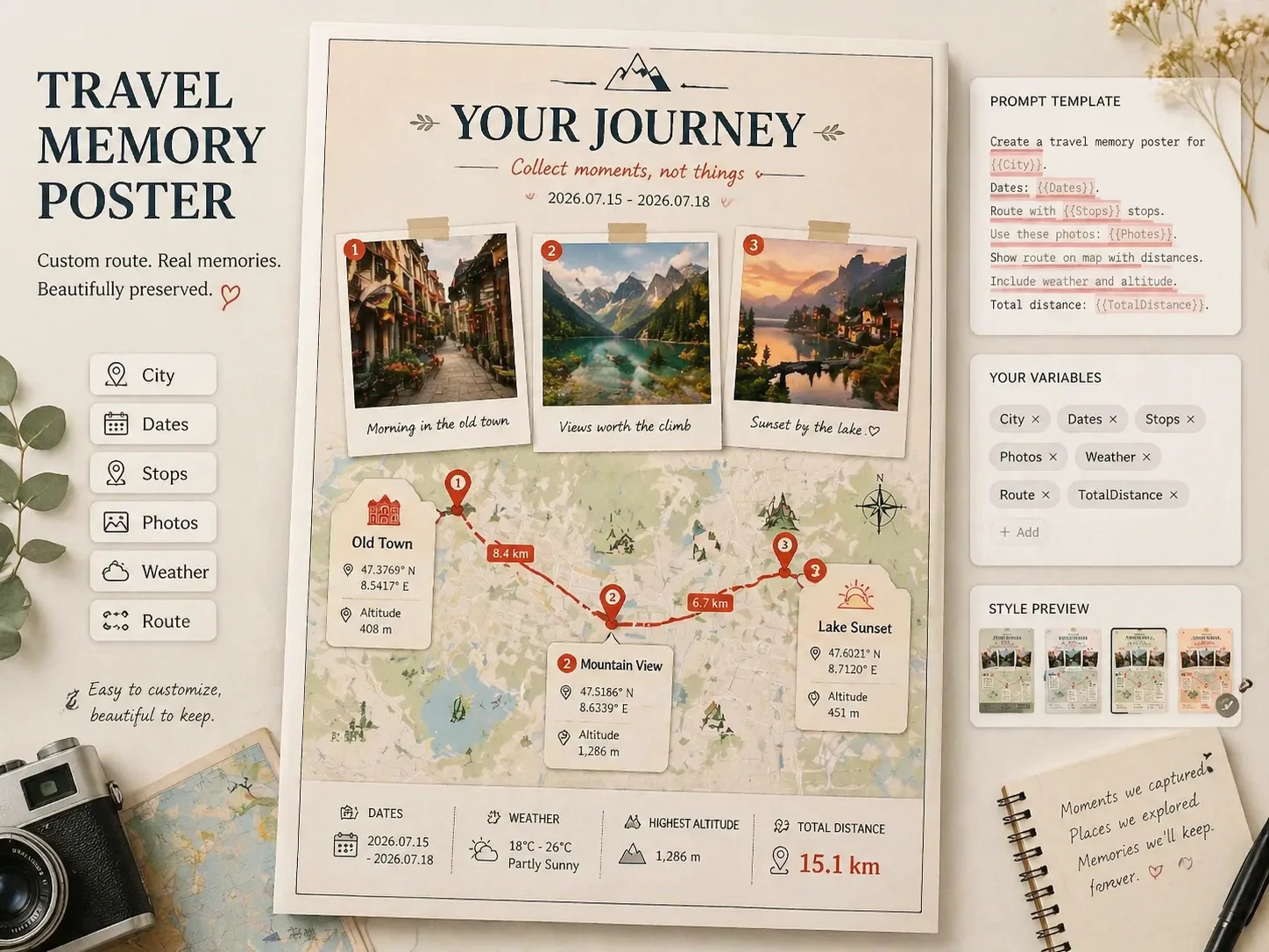 Overview of a travel memory poster template with route map, Polaroids, stop cards, and trip stats