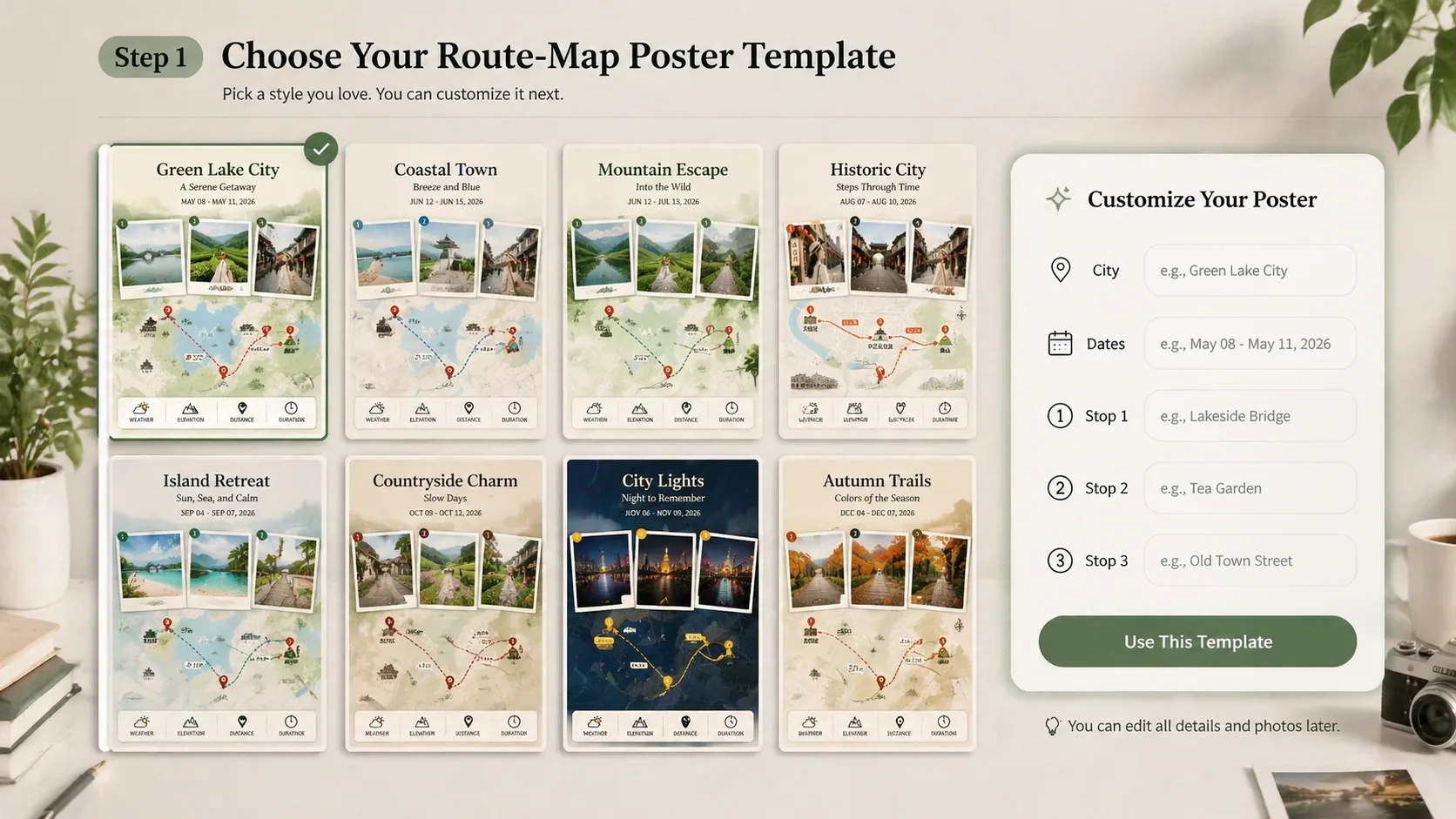 Choosing a route-map travel poster template from a gallery