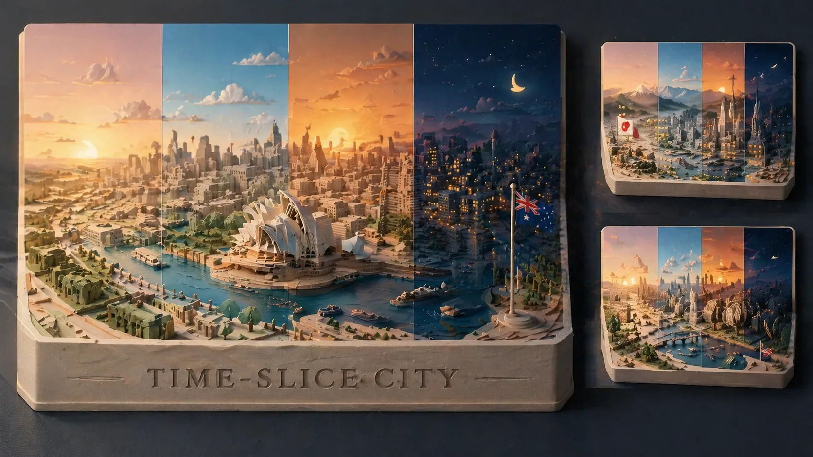 Final GPT Image 2 paper-cut city diorama result with time-slice lighting