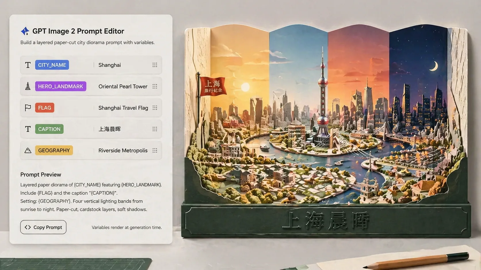 Editing city, landmark, flag, caption, and geography variables for a diorama prompt