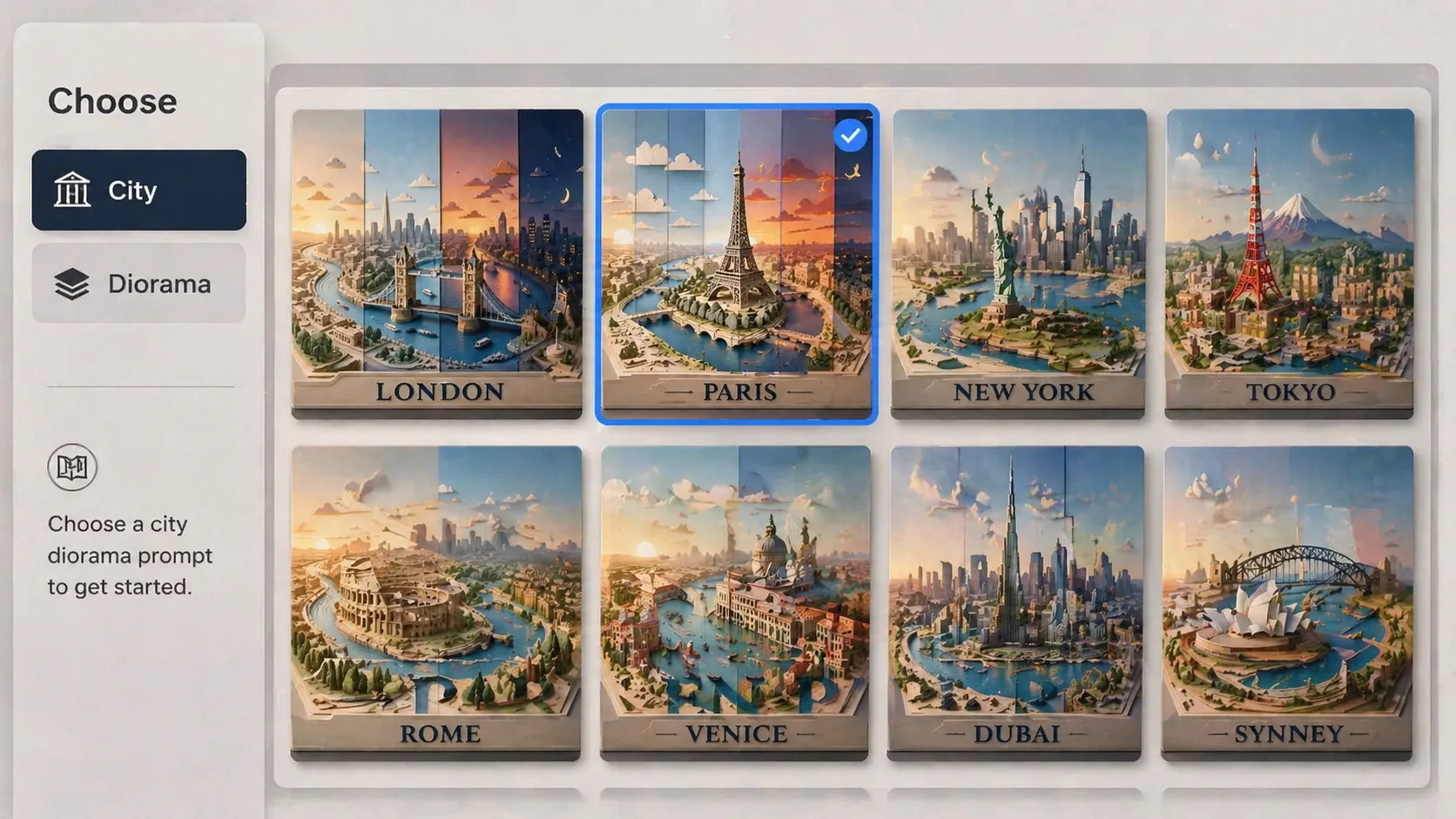 Choosing a city diorama prompt from a template grid