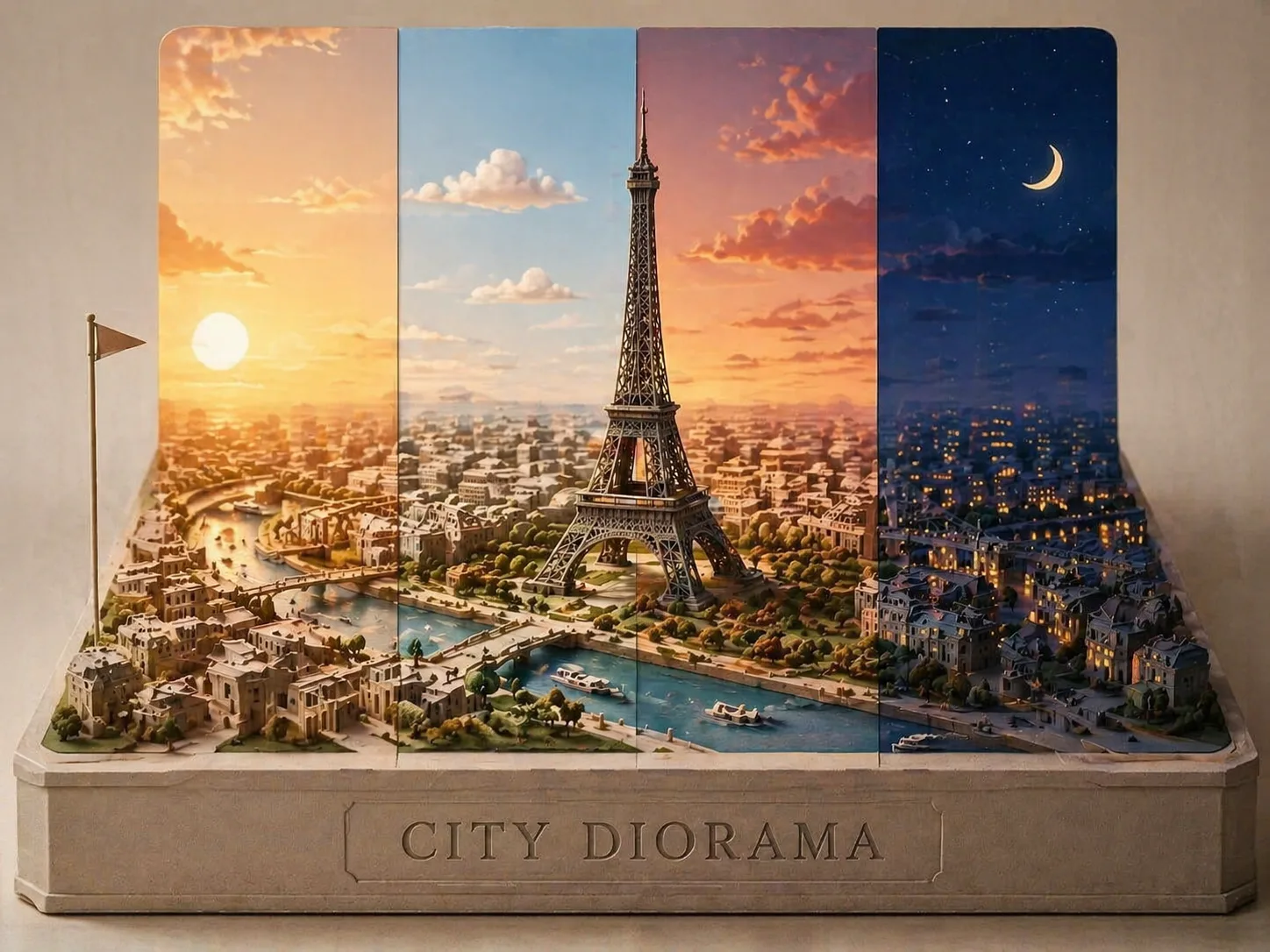 Layered paper-cut city diorama with one landmark and four time-slice light bands