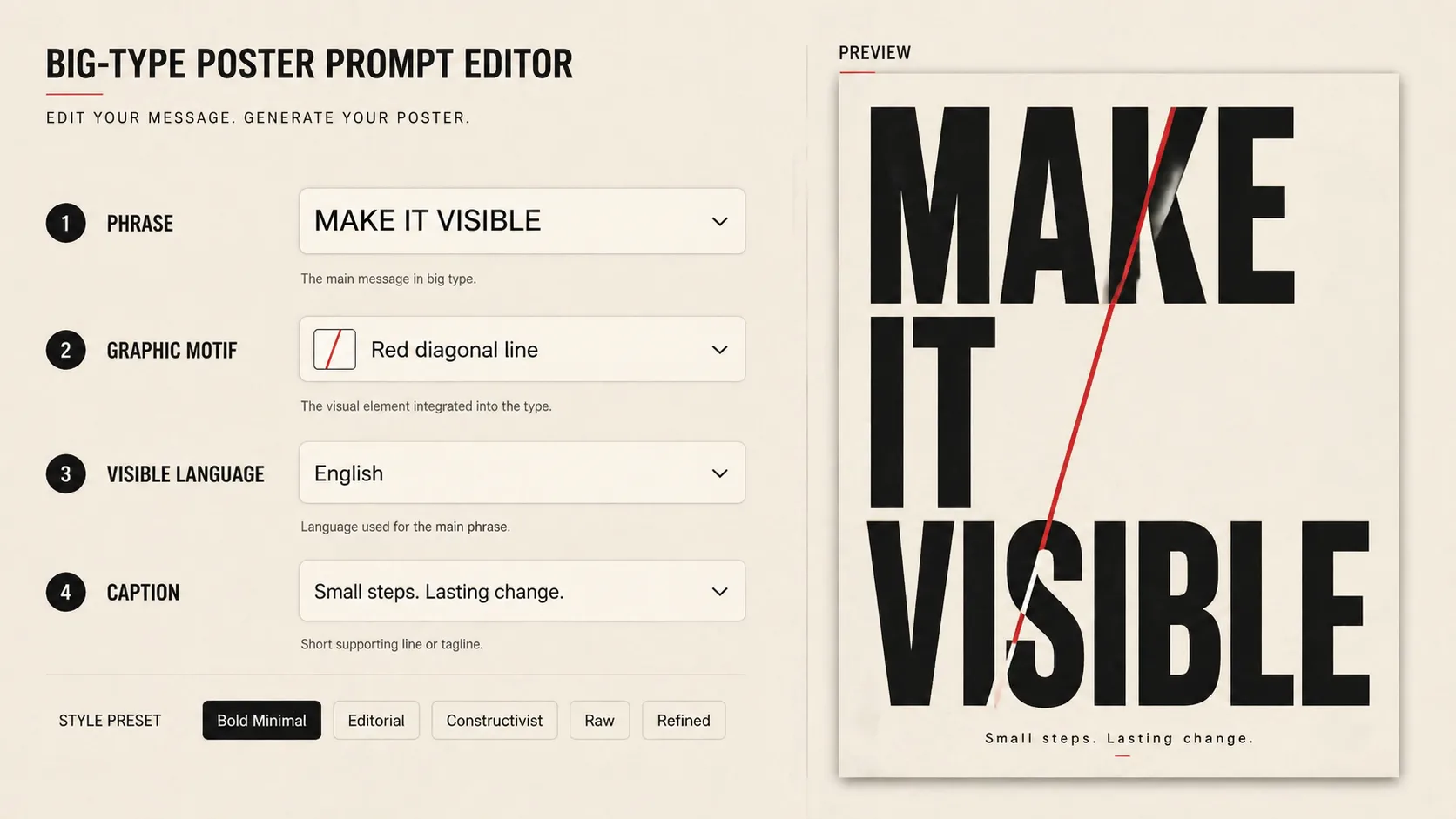 Editing phrase, motif, language, and caption variables for a big type poster