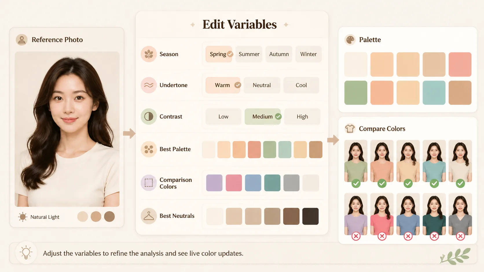 Editing portrait and palette variables for a color analysis prompt