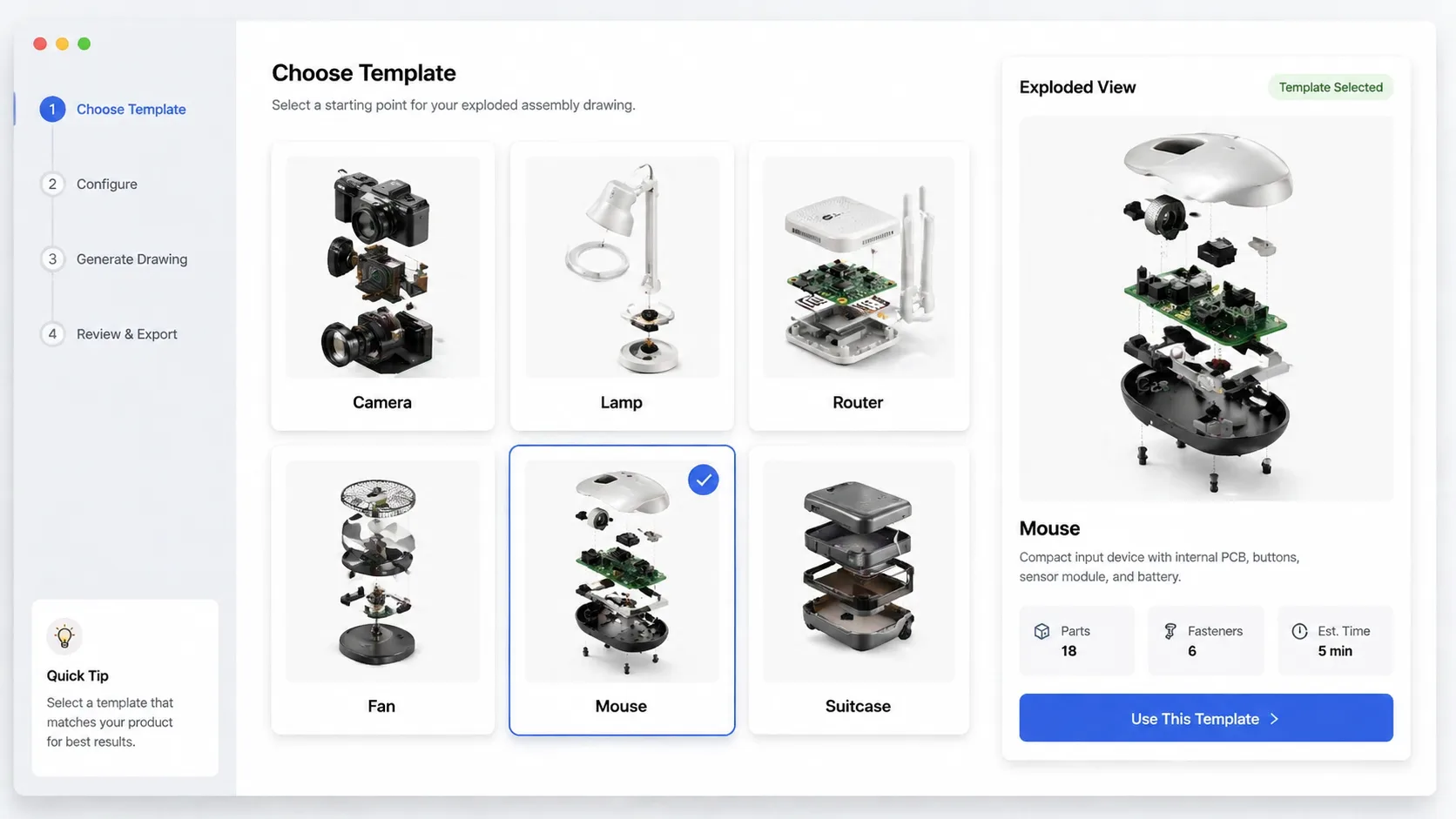 Choosing an exploded assembly drawing template