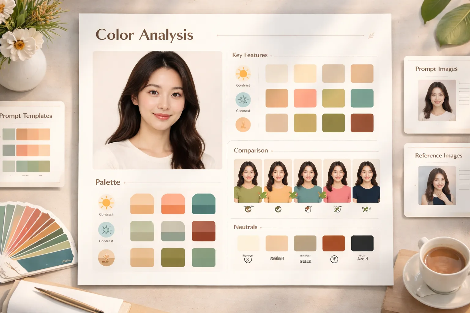 Personal color analysis template overview with portrait, palette swatches, and comparison modules