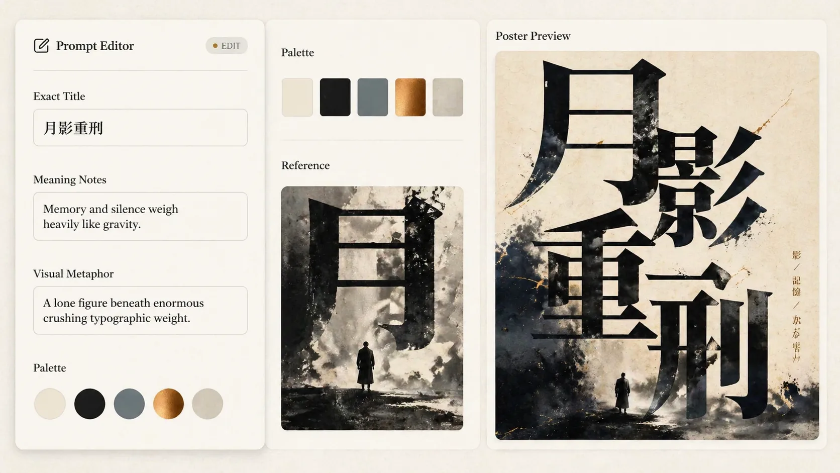 Editing exact title, metaphor, palette, and prompt variables for a typography poster template