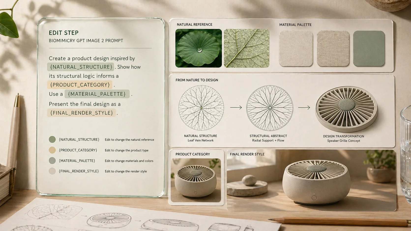 Editing biomimicry prompt variables and transformation diagrams