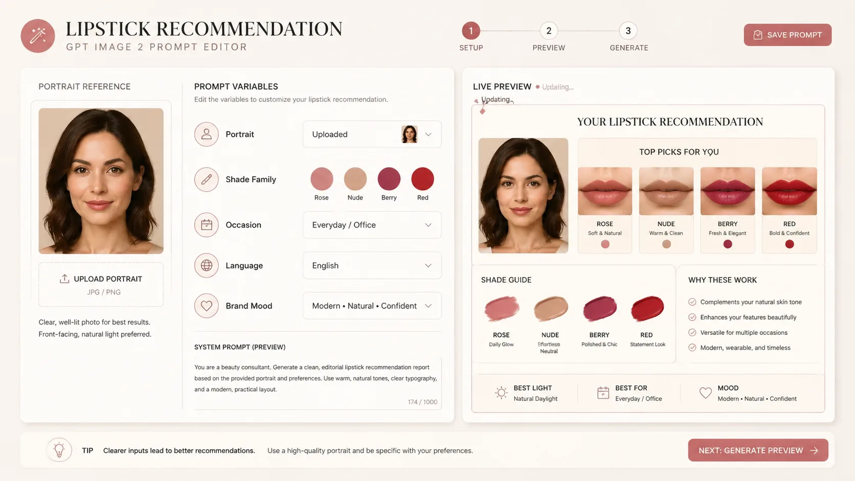 Editing portrait, shade family, language, and brand mood variables for a lipstick report prompt