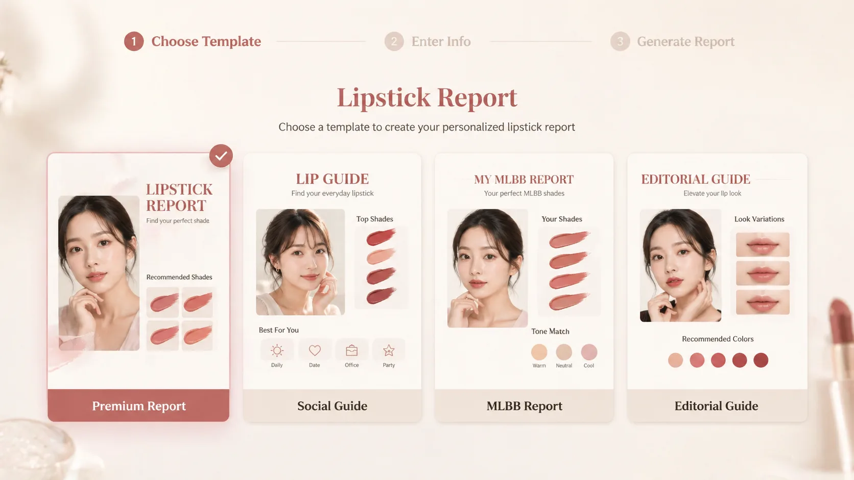 Choosing a lipstick recommendation report template from a GPT Image 2 template gallery