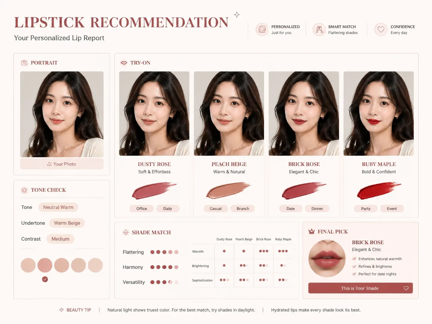 Overview of a GPT Image 2 lipstick recommendation report with portrait analysis and shade try-on panels