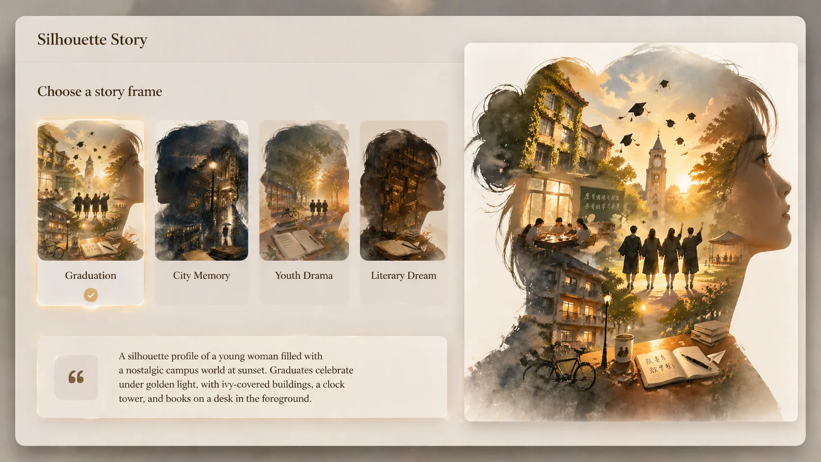 Workflow image showing a user choosing a silhouette story poster template